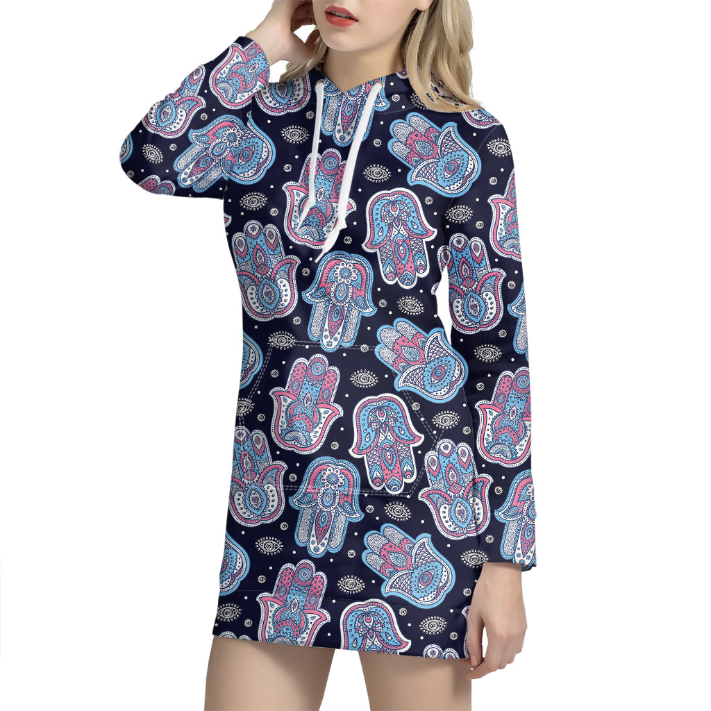 Boho Hamsa Pattern Print Hoodie Dress