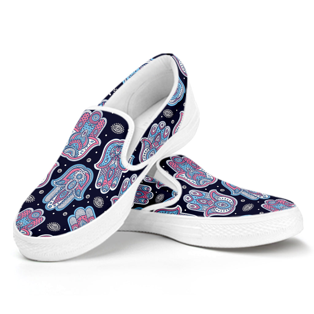 Boho Hamsa Pattern Print White Slip On Shoes
