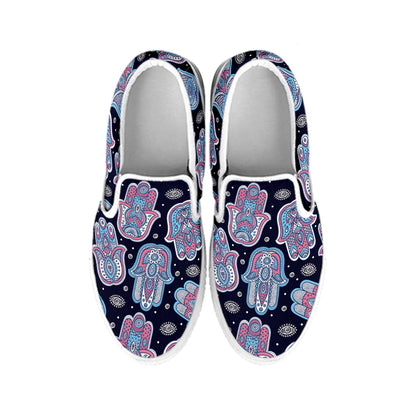 Boho Hamsa Pattern Print White Slip On Shoes