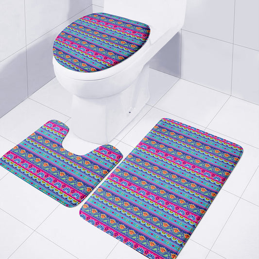 Boho Indian Lotus Pattern Print 3 Piece Bath Mat Set