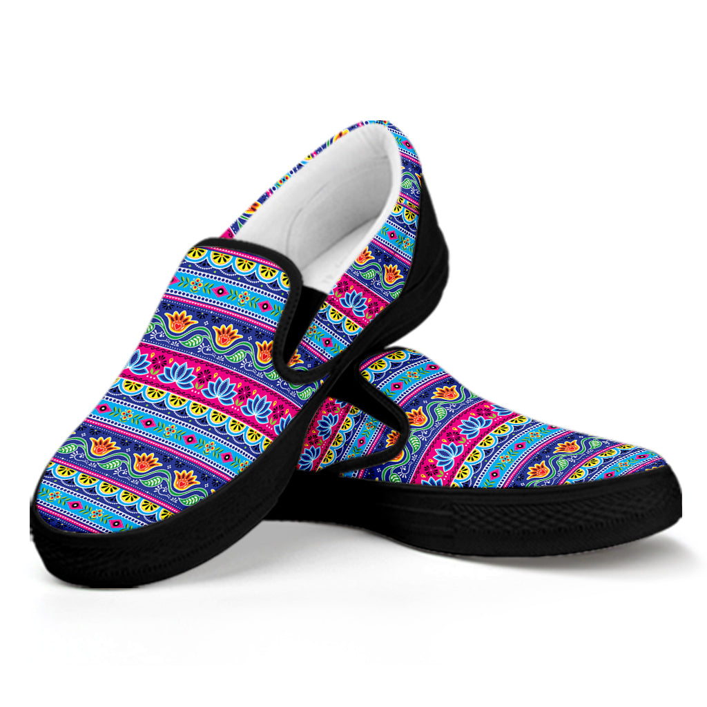 Boho Indian Lotus Pattern Print Black Slip On Shoes