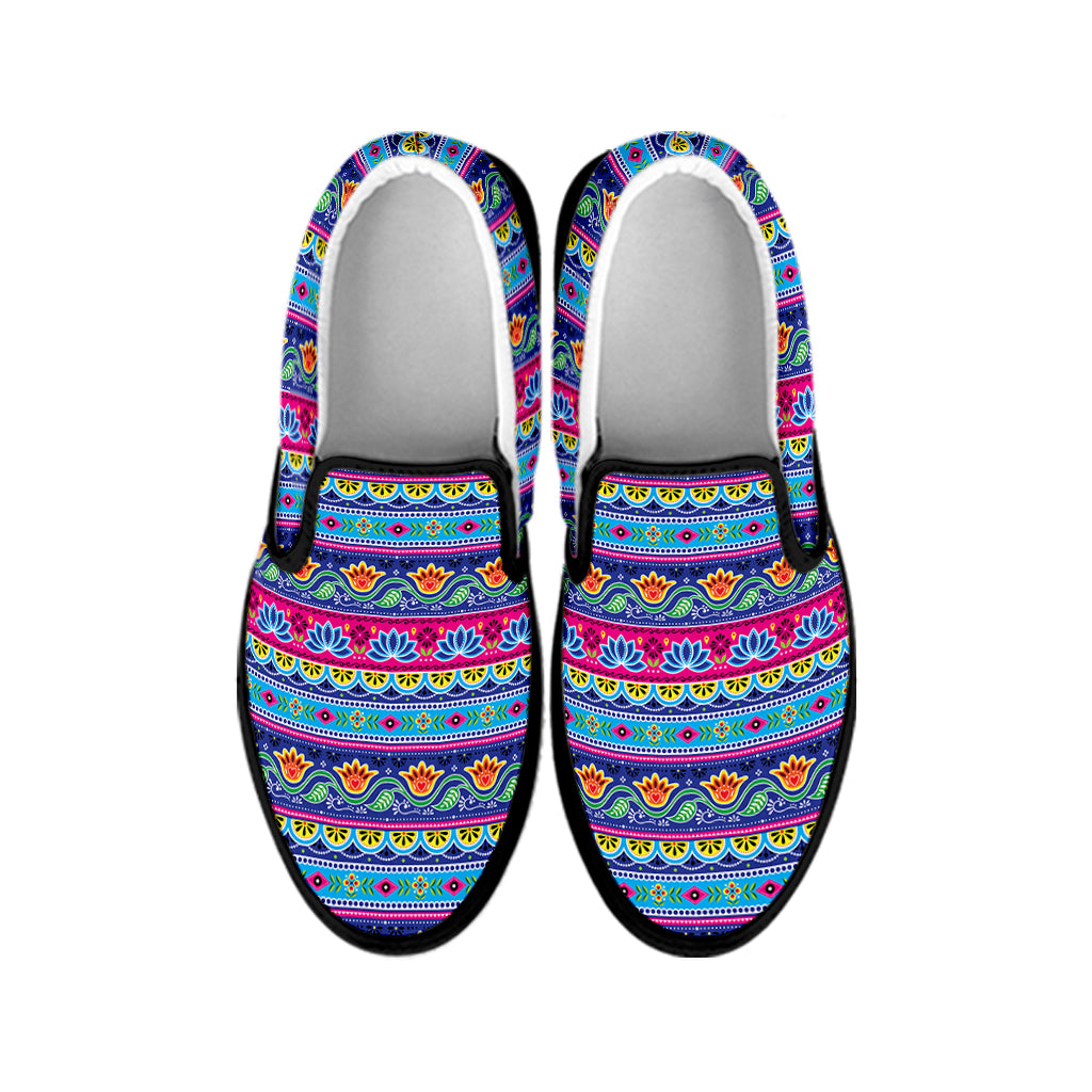 Boho Indian Lotus Pattern Print Black Slip On Shoes