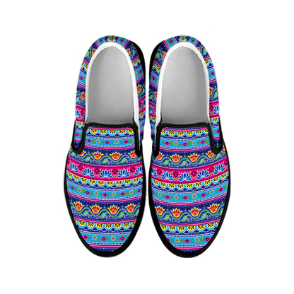 Boho Indian Lotus Pattern Print Black Slip On Shoes