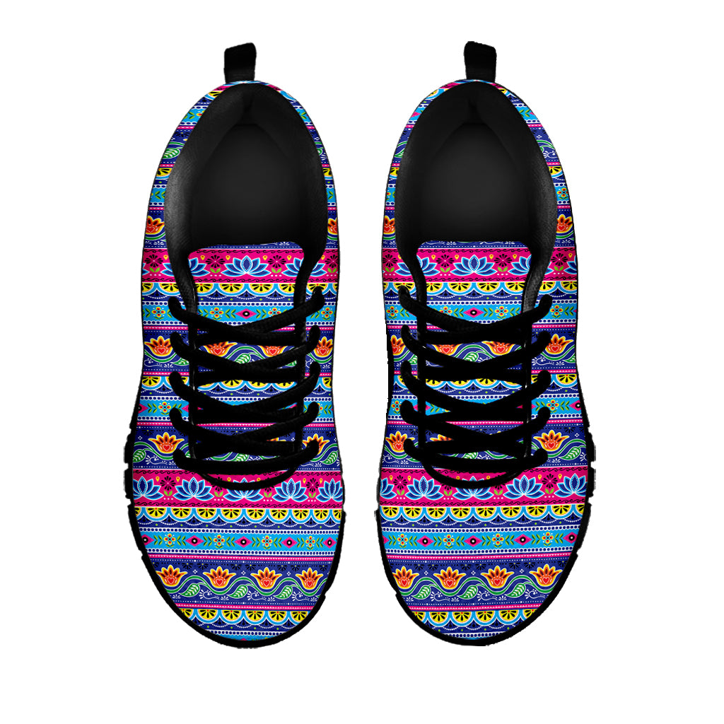 Boho Indian Lotus Pattern Print Black Sneakers