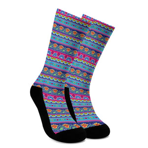 Boho Indian Lotus Pattern Print Crew Socks