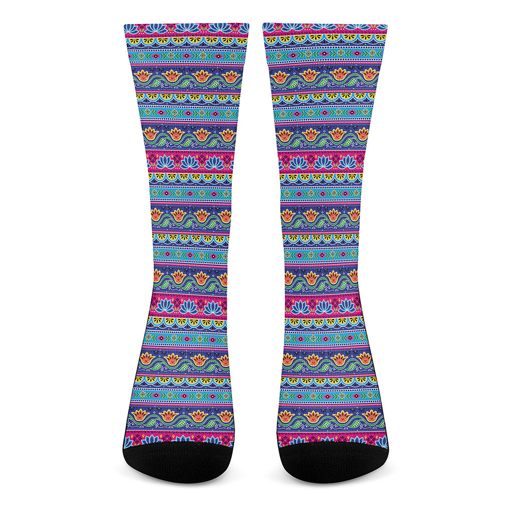 Boho Indian Lotus Pattern Print Crew Socks