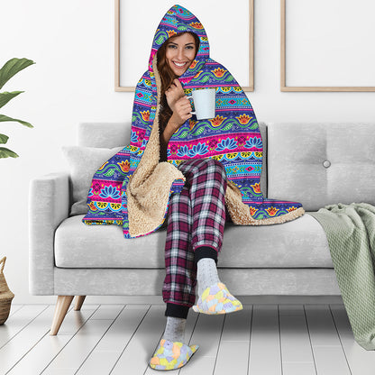 Boho Indian Lotus Pattern Print Hooded Blanket