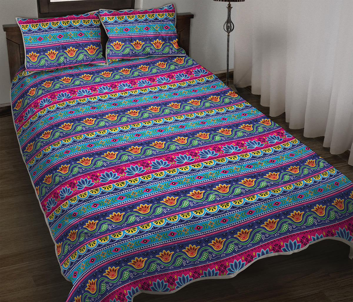 Boho Indian Lotus Pattern Print Quilt Bed Set
