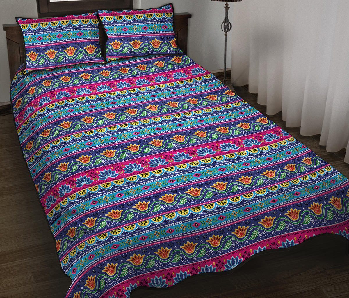 Boho Indian Lotus Pattern Print Quilt Bed Set