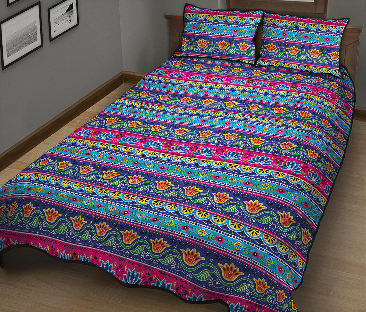 Boho Indian Lotus Pattern Print Quilt Bed Set