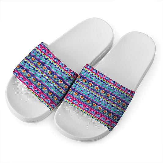 Boho Indian Lotus Pattern Print White Slide Sandals