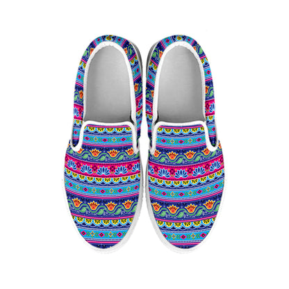 Boho Indian Lotus Pattern Print White Slip On Shoes