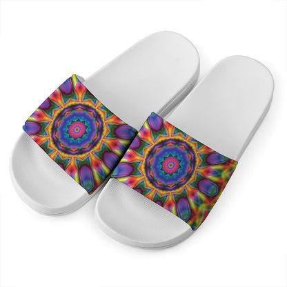 Boho Kaleidoscope Print White Slide Sandals