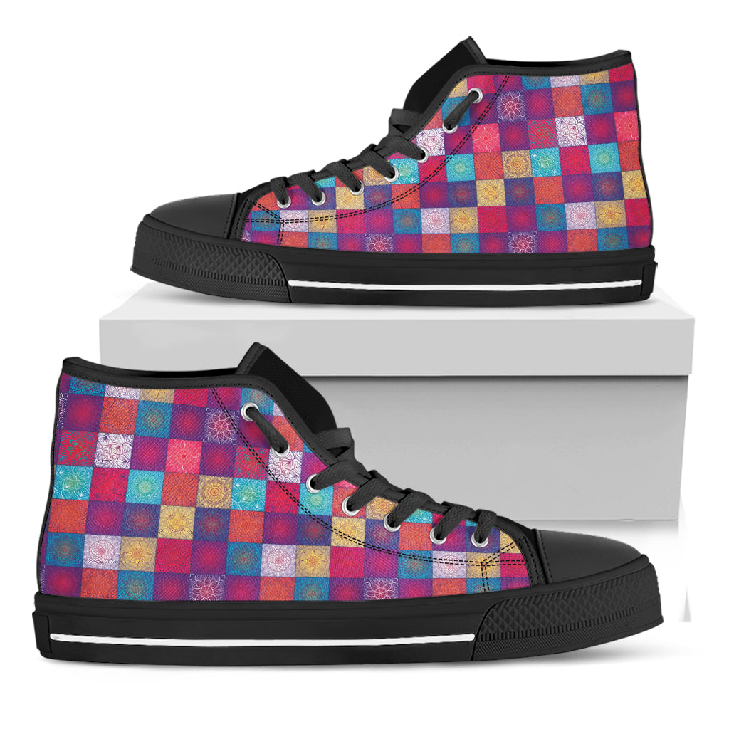 Boho Mandala Patchwork Pattern Print Black High Top Shoes