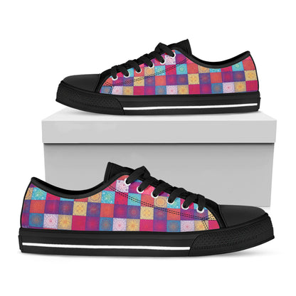 Boho Mandala Patchwork Pattern Print Black Low Top Shoes