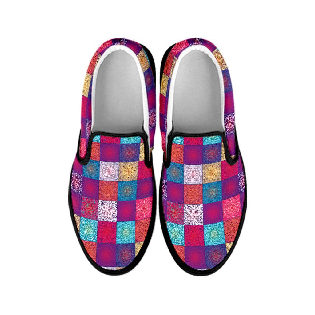 Boho Mandala Patchwork Pattern Print Black Slip On Shoes