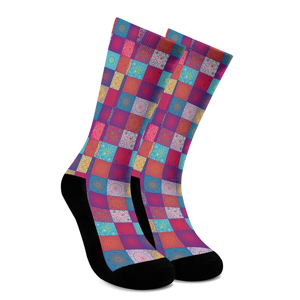 Boho Mandala Patchwork Pattern Print Crew Socks