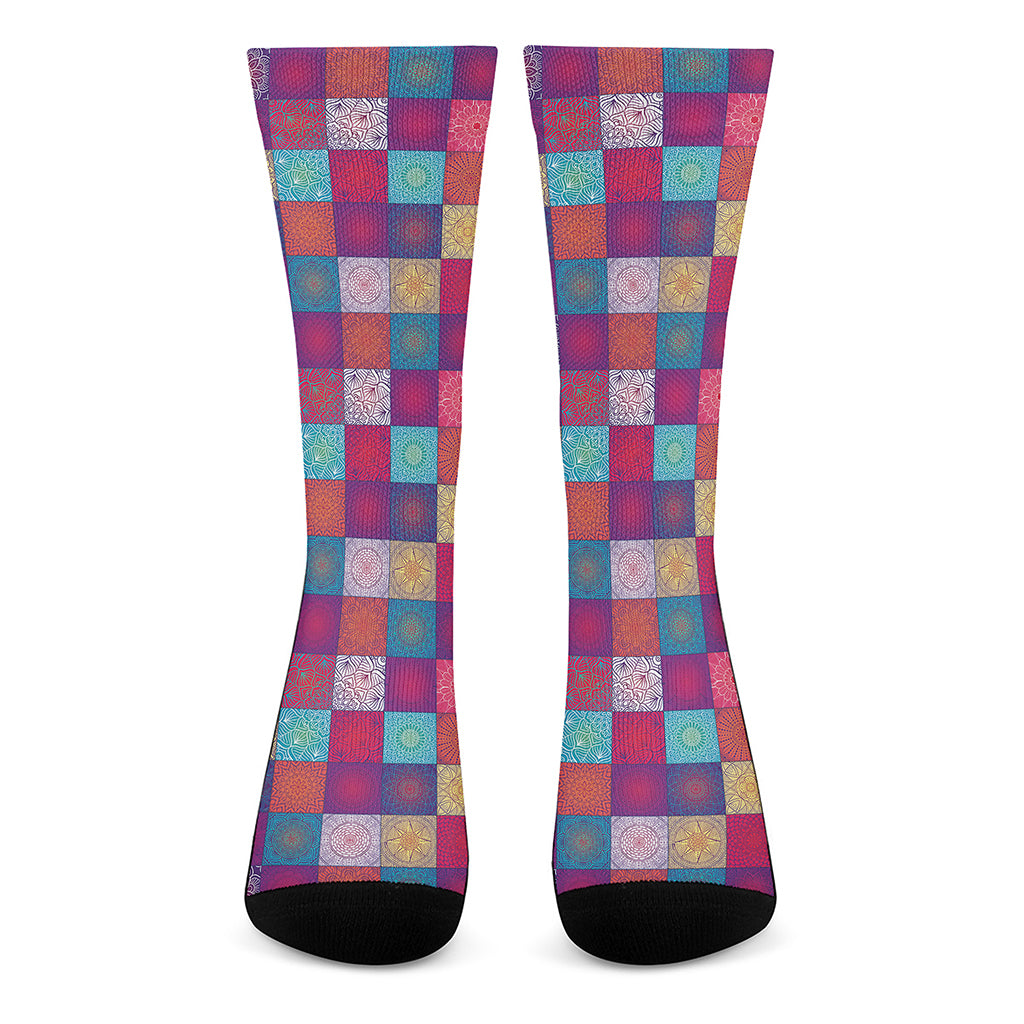 Boho Mandala Patchwork Pattern Print Crew Socks