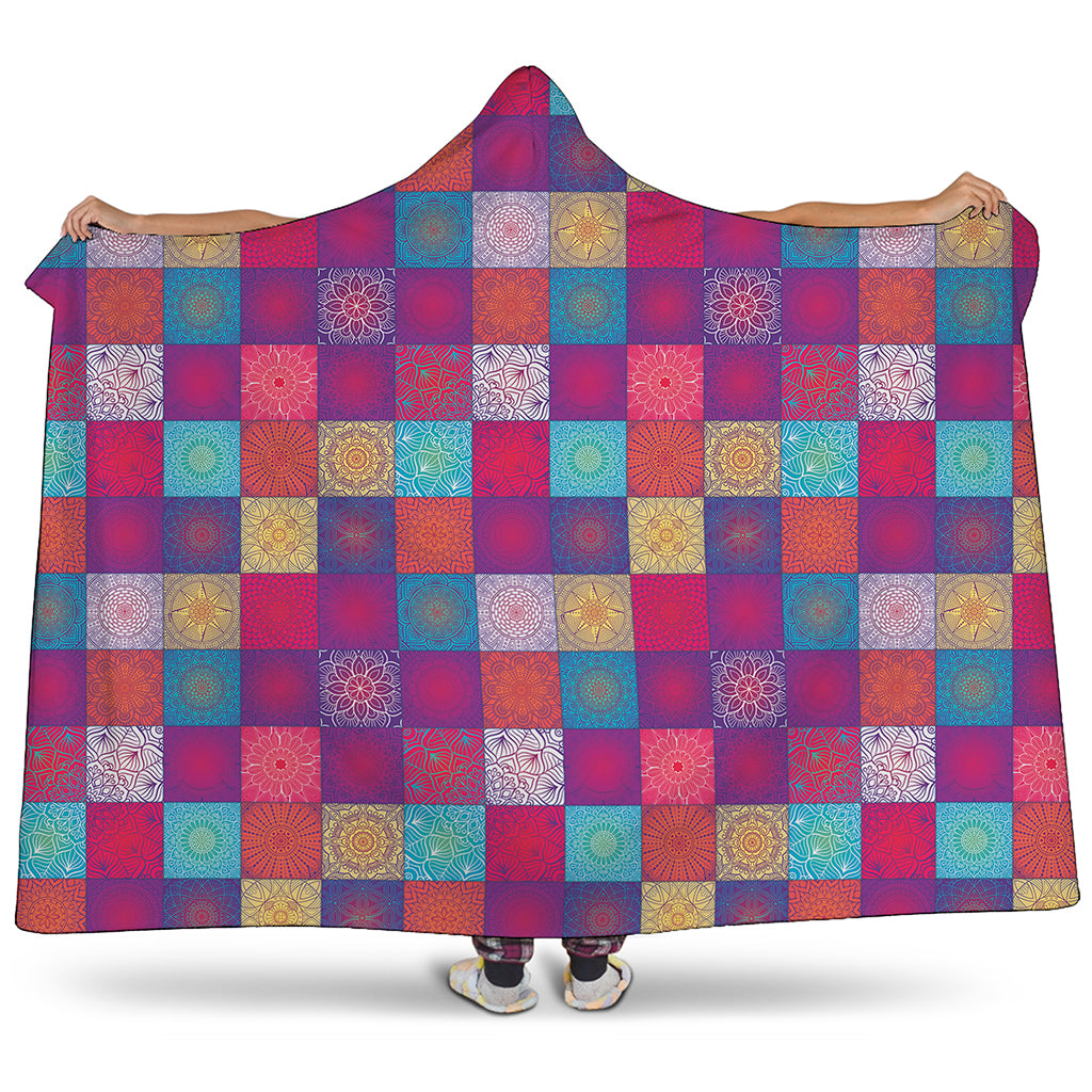 Boho Mandala Patchwork Pattern Print Hooded Blanket
