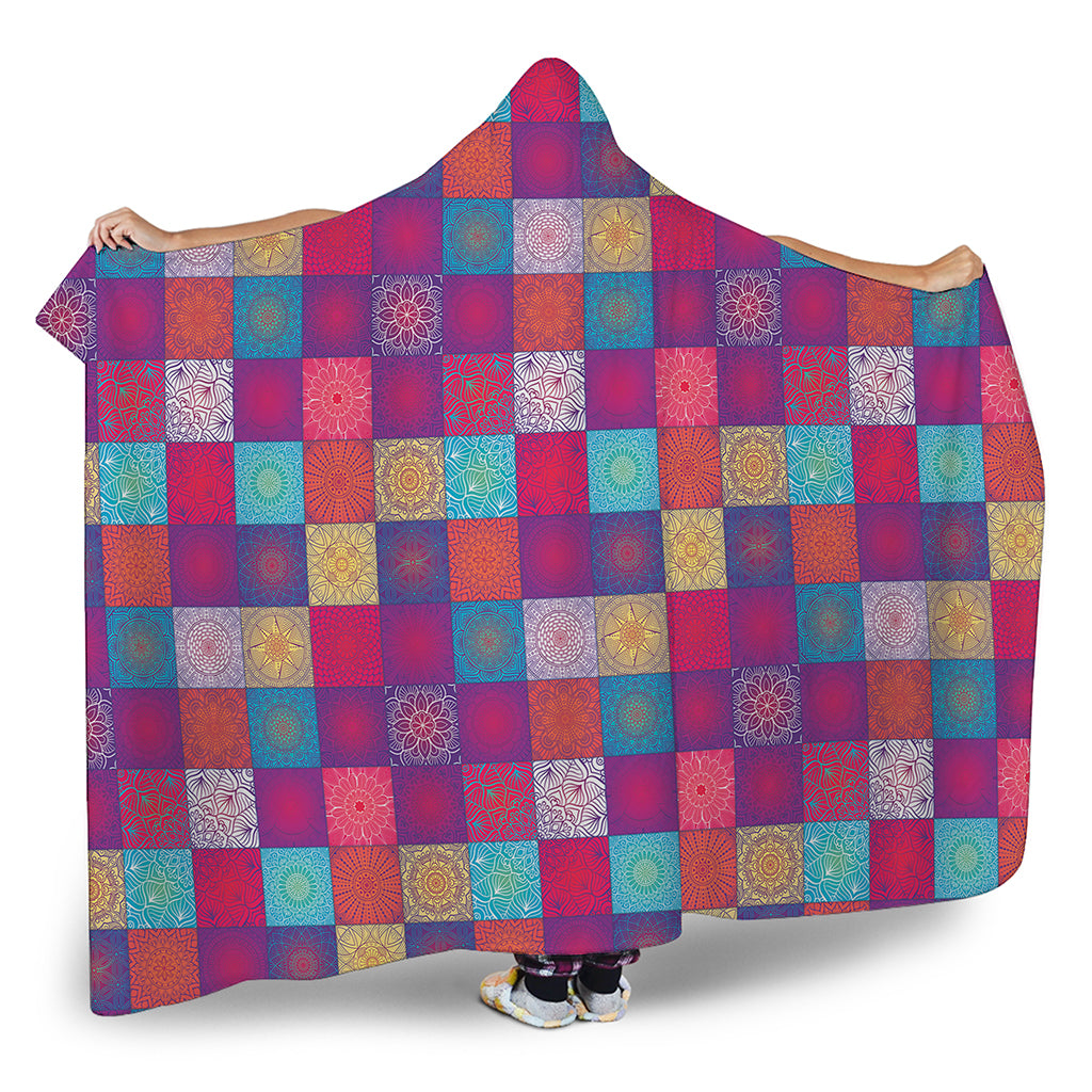 Boho Mandala Patchwork Pattern Print Hooded Blanket