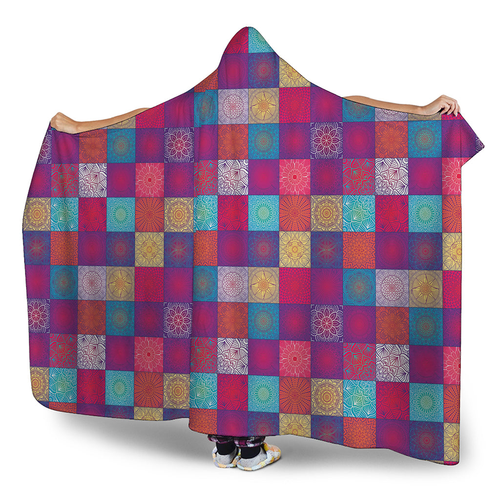 Boho Mandala Patchwork Pattern Print Hooded Blanket