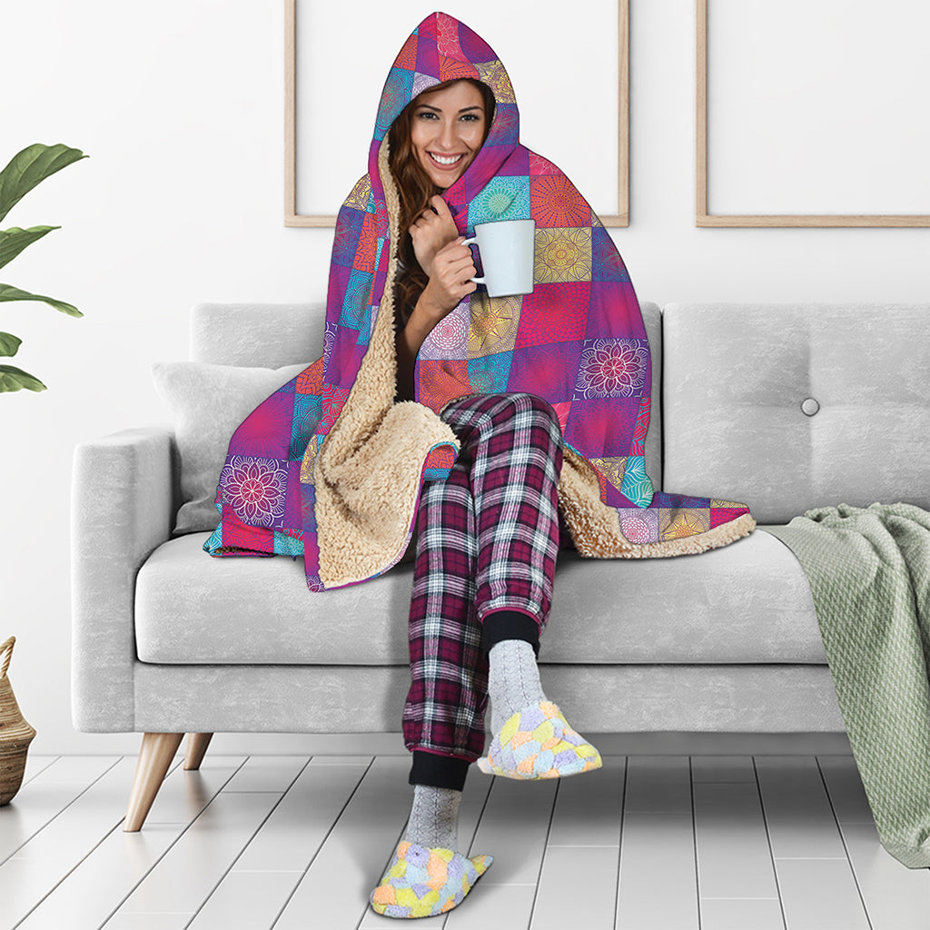 Boho Mandala Patchwork Pattern Print Hooded Blanket
