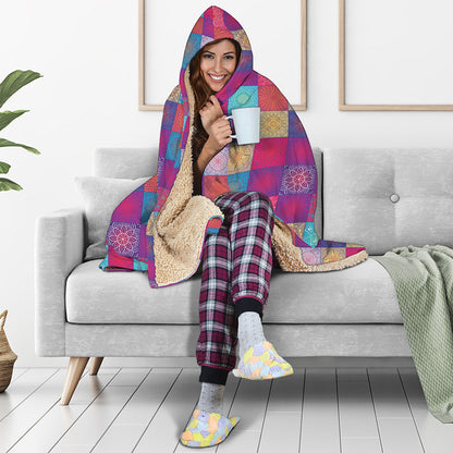Boho Mandala Patchwork Pattern Print Hooded Blanket
