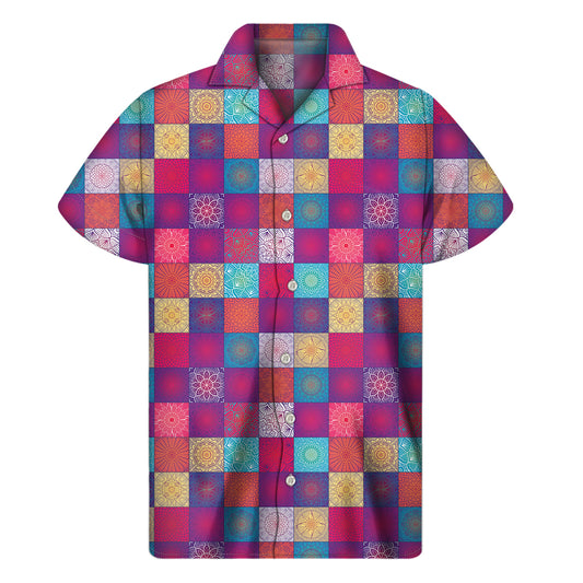 Boho Mandala Patchwork Pattern Print Men's Short Sleeve Shirt