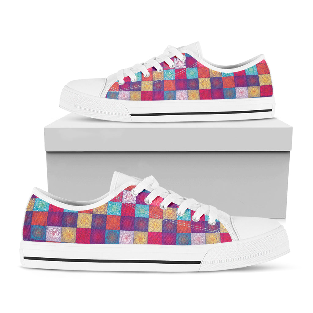 Boho Mandala Patchwork Pattern Print White Low Top Shoes