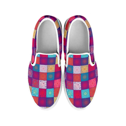 Boho Mandala Patchwork Pattern Print White Slip On Shoes