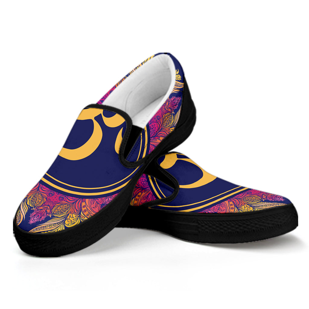 Boho Om Mandala Print Black Slip On Shoes