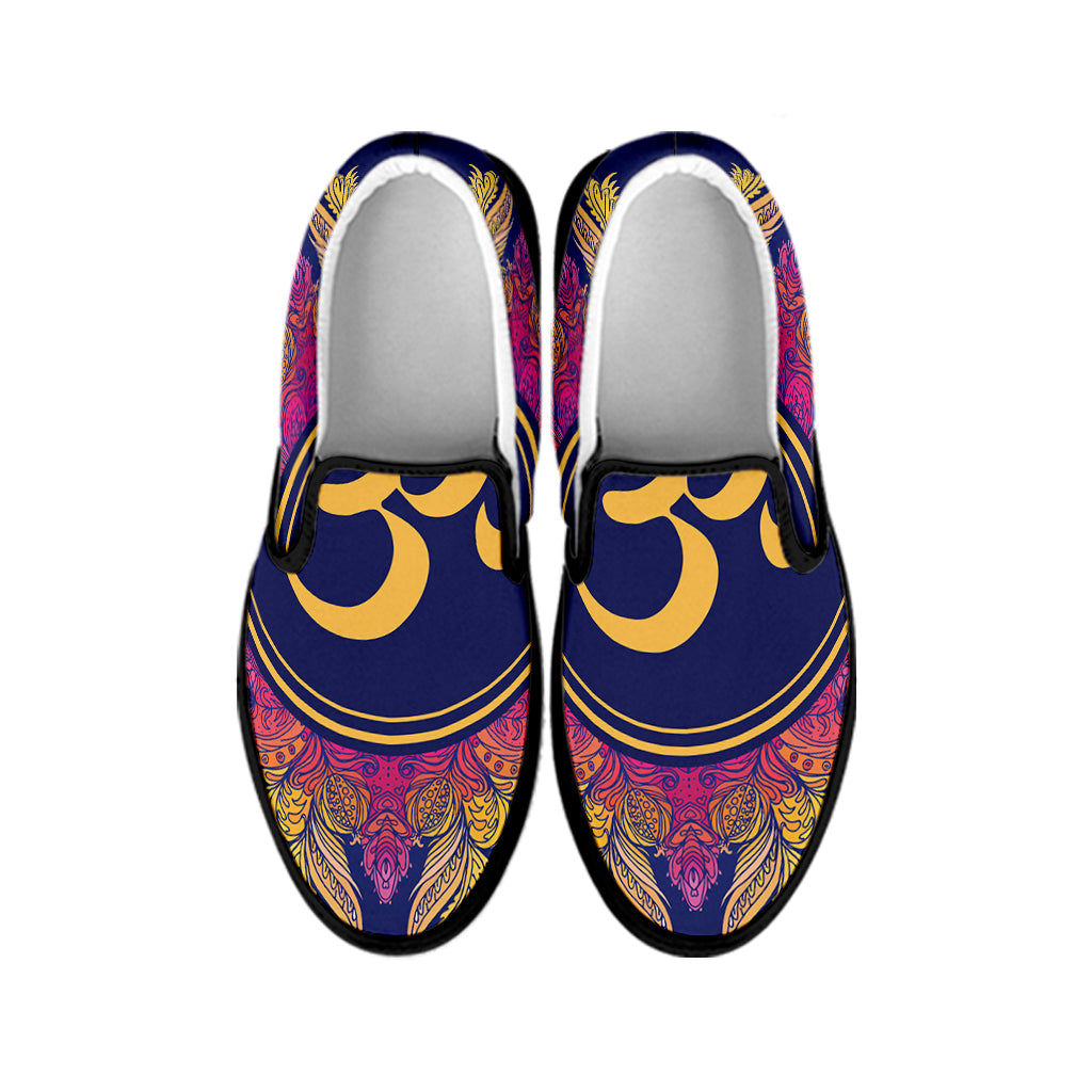 Boho Om Mandala Print Black Slip On Shoes