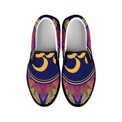 Boho Om Mandala Print Black Slip On Shoes