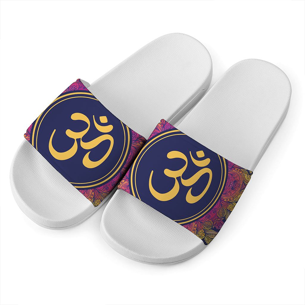 Boho Om Mandala Print White Slide Sandals