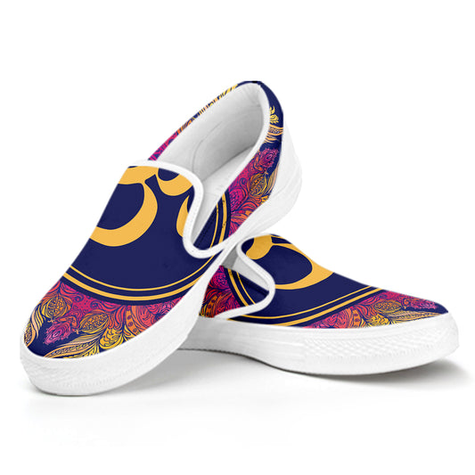 Boho Om Mandala Print White Slip On Shoes