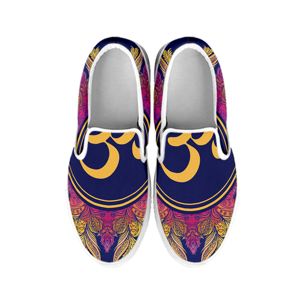 Boho Om Mandala Print White Slip On Shoes