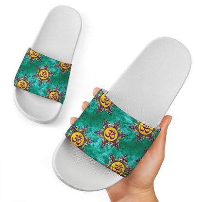 Boho Om Sign Pattern Print White Slide Sandals