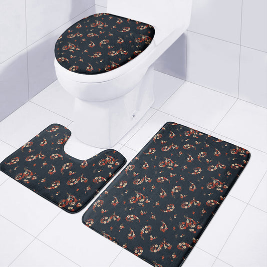 Boho Paisley Flower Pattern Print 3 Piece Bath Mat Set
