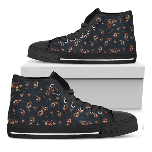 Boho Paisley Flower Pattern Print Black High Top Shoes