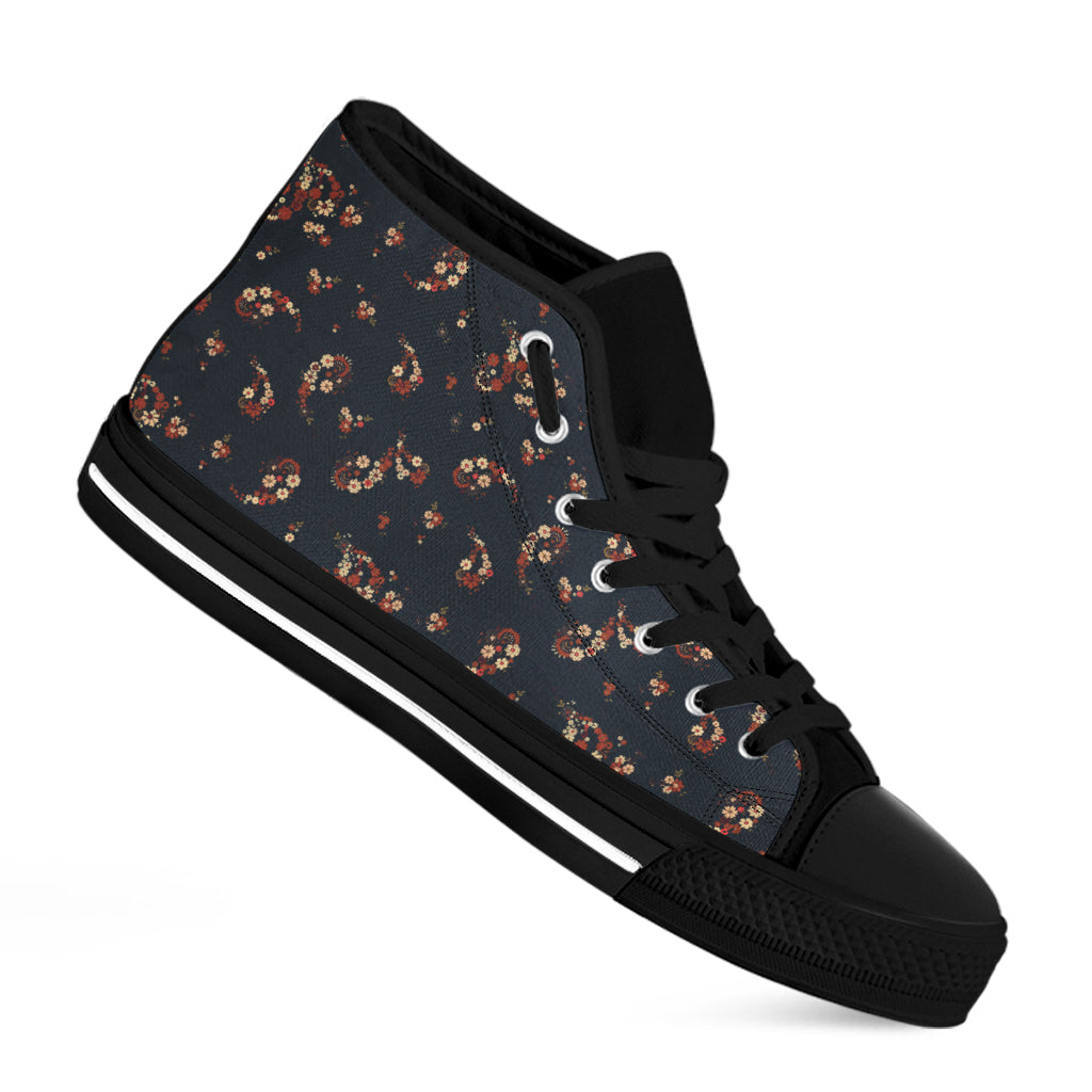 Boho Paisley Flower Pattern Print Black High Top Shoes