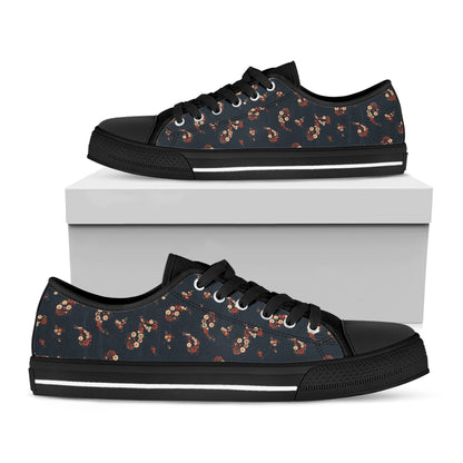 Boho Paisley Flower Pattern Print Black Low Top Shoes