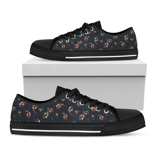 Boho Paisley Flower Pattern Print Black Low Top Shoes