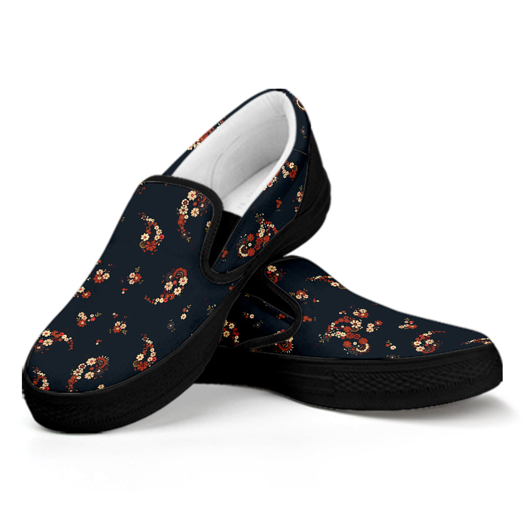 Boho Paisley Flower Pattern Print Black Slip On Shoes