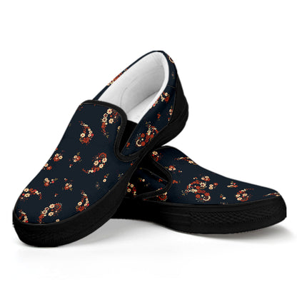 Boho Paisley Flower Pattern Print Black Slip On Shoes