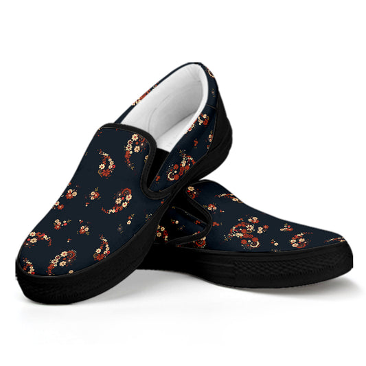 Boho Paisley Flower Pattern Print Black Slip On Shoes