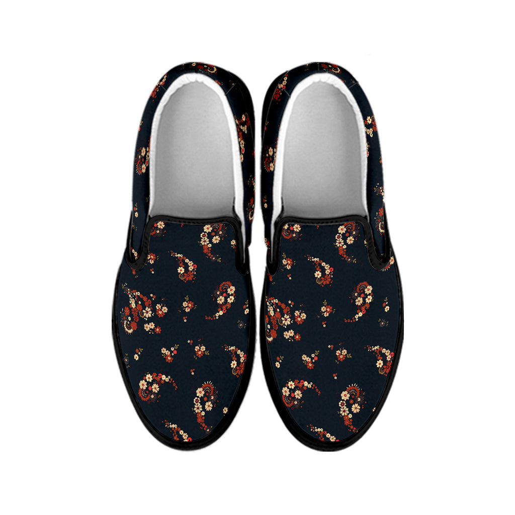 Boho Paisley Flower Pattern Print Black Slip On Shoes