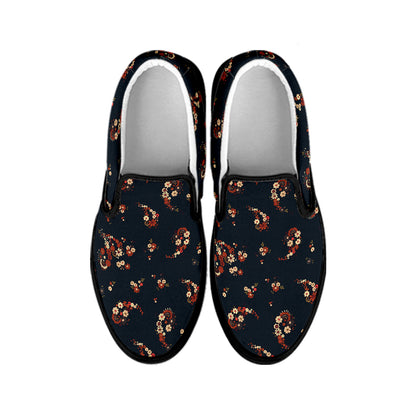 Boho Paisley Flower Pattern Print Black Slip On Shoes