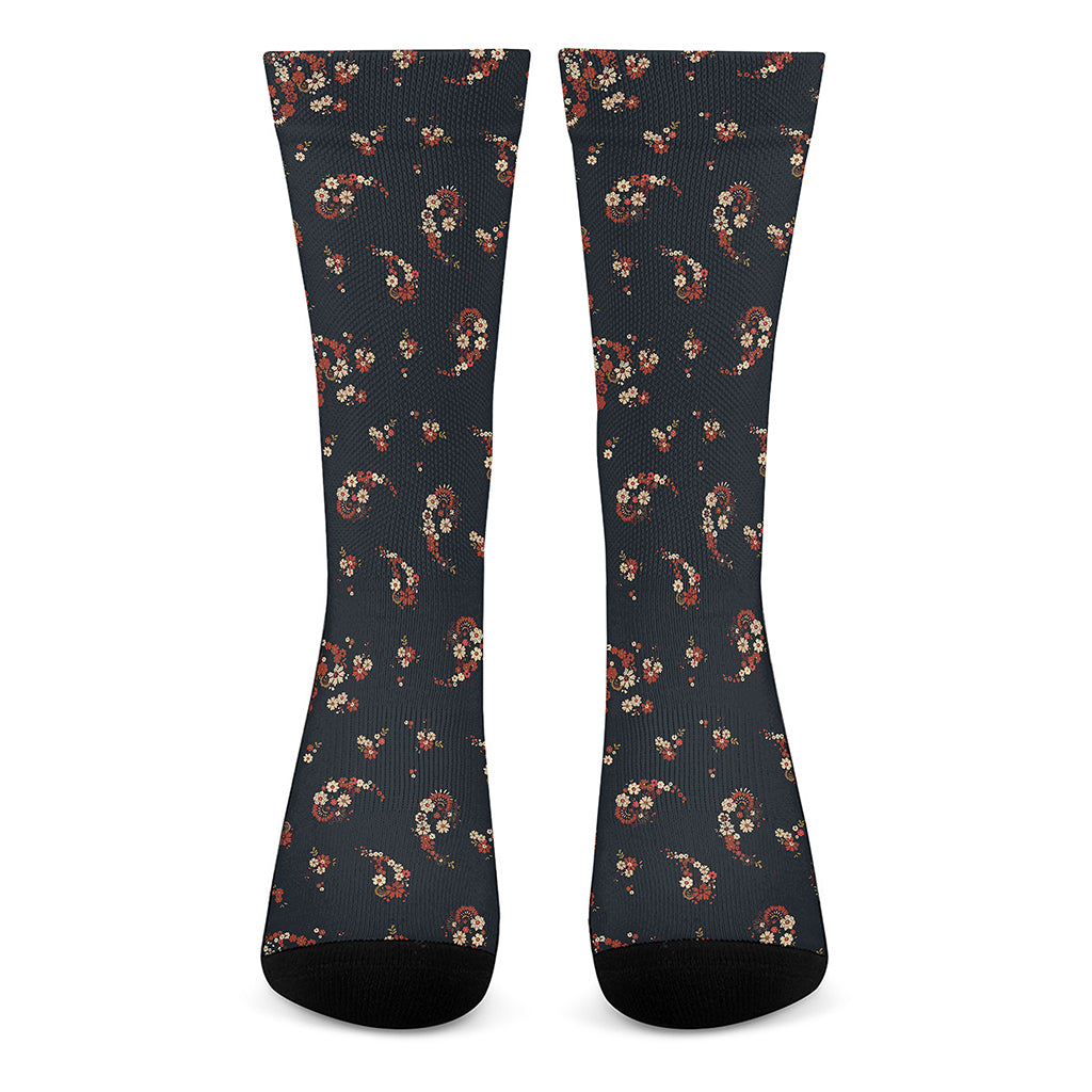 Boho Paisley Flower Pattern Print Crew Socks