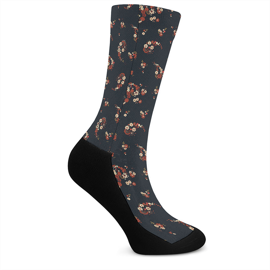 Boho Paisley Flower Pattern Print Crew Socks