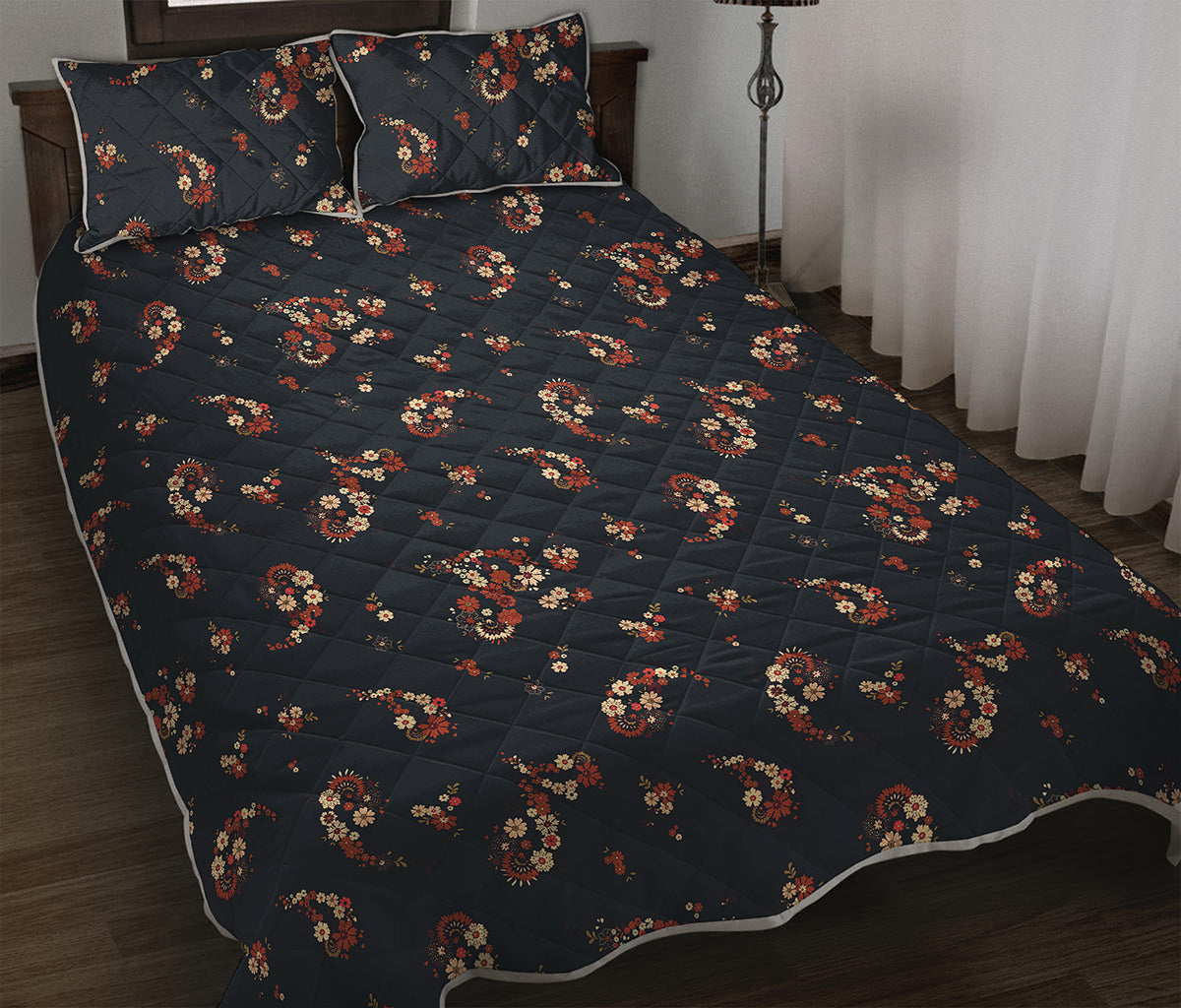 Boho Paisley Flower Pattern Print Quilt Bed Set